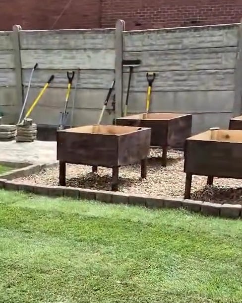The same garden after: freshly laid striped turf with raised timber planters